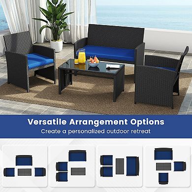 Costway 4PCS Patio Rattan Furniture Conversation Set Cushion Sofa Table Garden
