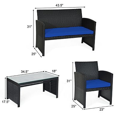 Costway 4PCS Patio Rattan Furniture Conversation Set Cushion Sofa Table Garden