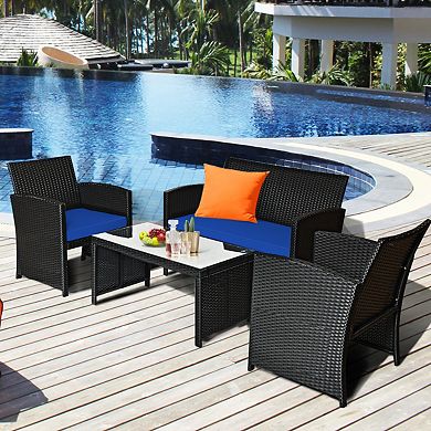 Costway 4PCS Patio Rattan Furniture Conversation Set Cushion Sofa Table Garden