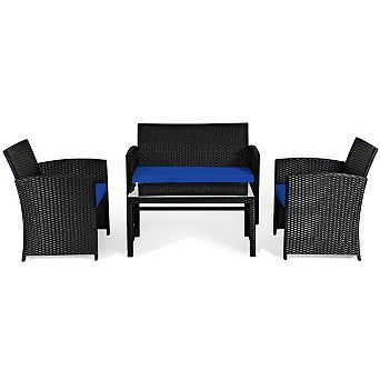 Costway 4 pc Patio Rattan Furniture Conversation Set Cushion Sofa Table Garden