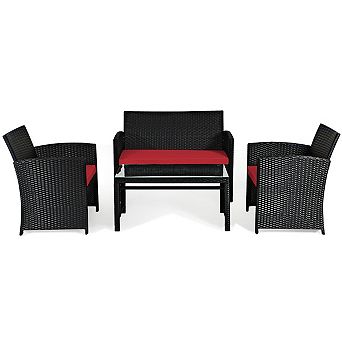 Costway 4 pc Patio Rattan Furniture Conversation Set Cushion Sofa Table Garden