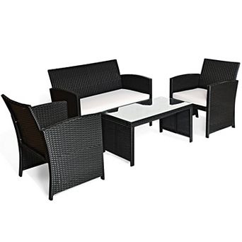 Costway 4 pc Patio Rattan Furniture Conversation Set Cushion Sofa Table Garden