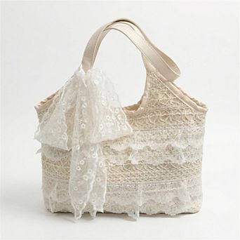 Women Lace Shoulder Tote Bag with Bow Detail Soft Structured Handbag