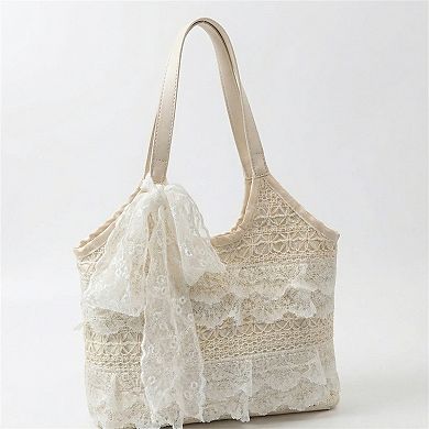 Women Lace Shoulder Tote Bag with Bow Detail Soft Structured Handbag