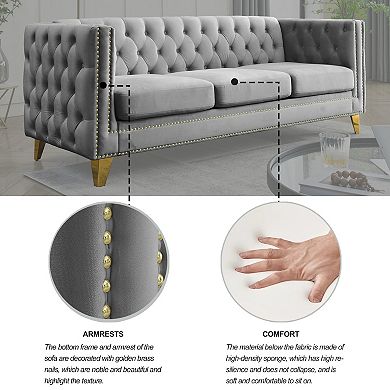 Pnronnc Modern Button Sofa, Velvet Small Space Sofa 3-Seat Tufted Couch with Metal Legs