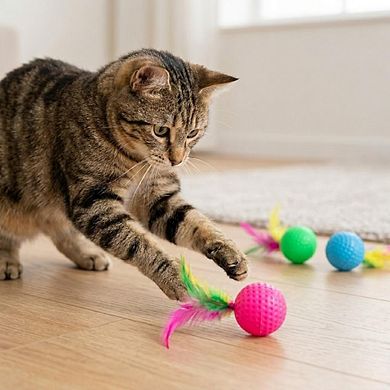 12 Pack Cat Toy Balls with Feathers, Interactive Kitten Play Set, Lightweight Pet Toys