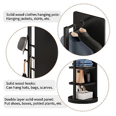 360° Rotatin Standing Mirror Full Length, with Open Shelves and Coat Rack, Solid Wood Floor Mirror