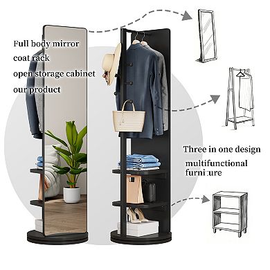 360° Rotatin Standing Mirror Full Length, with Open Shelves and Coat Rack, Solid Wood Floor Mirror