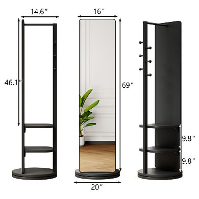 360° Rotatin Standing Mirror Full Length, with Open Shelves and Coat Rack, Solid Wood Floor Mirror
