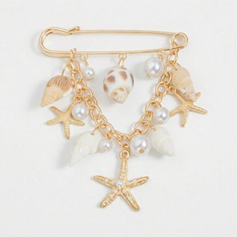 Women's Safety Pin Brooch Seashell Charm Starfish Pendant Pearl Accent Chain Detail