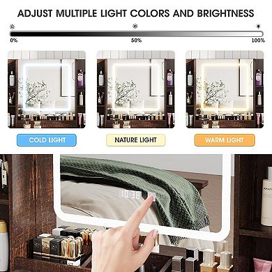 Vanity Desk with Lighted Mirror & Stool, Makeup Table with 3 Drawers + 2 Cabinets & Charging Station