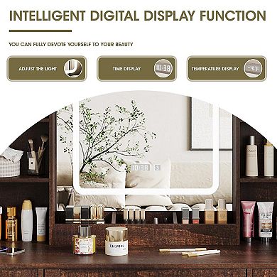 Vanity Desk with Lighted Mirror & Stool, Makeup Table with 3 Drawers + 2 Cabinets & Charging Station