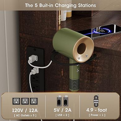 Vanity Desk with Lighted Mirror & Stool, Makeup Table with 3 Drawers + 2 Cabinets & Charging Station