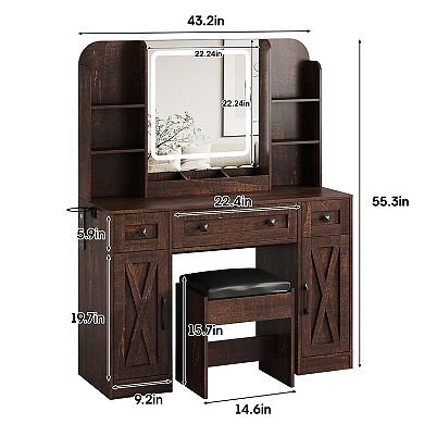 Vanity Desk with Lighted Mirror & Stool, Makeup Table with 3 Drawers + 2 Cabinets & Charging Station