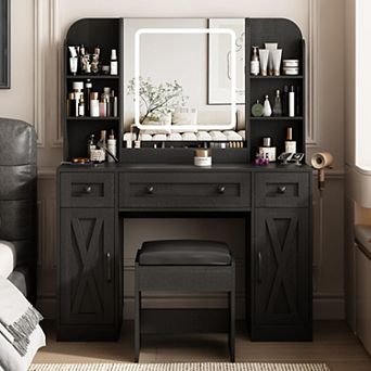Vanity Desk with Lighted Mirror & Stool, Makeup Table with 3 Drawers + 2 Cabinets & Charging Station