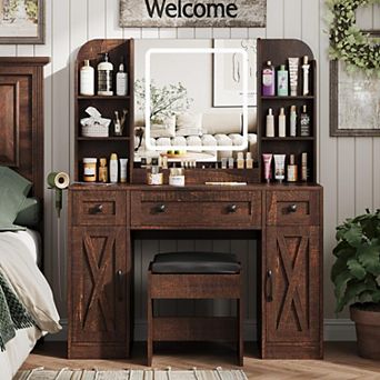 Vanity Desk with Lighted Mirror & Stool, Makeup Table with 3 Drawers + 2 Cabinets & Charging Station