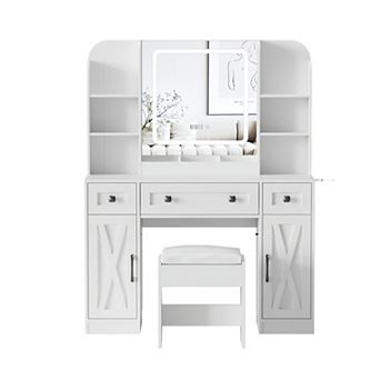 Vanity Desk with Lighted Mirror & Stool, Makeup Table with 3 Drawers + 2 Cabinets & Charging Station