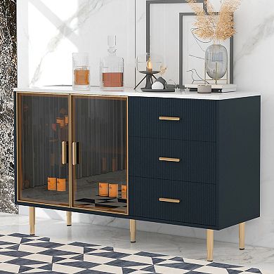KWPZQEB Modern Sideboard with 2 Tempered Glass Doors & 3 Drawers, Buffet Cabinet for Dining Room