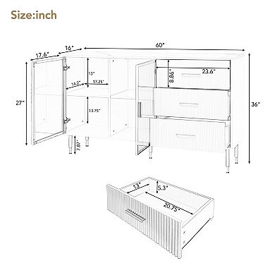 KWPZQEB Modern Sideboard with 2 Tempered Glass Doors & 3 Drawers, Buffet Cabinet for Dining Room