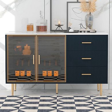 KWPZQEB Modern Sideboard with 2 Tempered Glass Doors & 3 Drawers, Buffet Cabinet for Dining Room