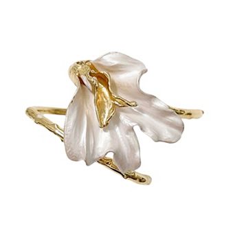 Women's Sculptural Flower Cuff Bracelet with Organic Petal Design and Gold Tone Open Band