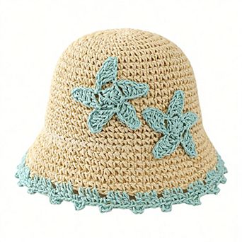 Women Woven Straw Bucket Hat Wide Brim Lightweight Sun Hat with Floral Applique Detail