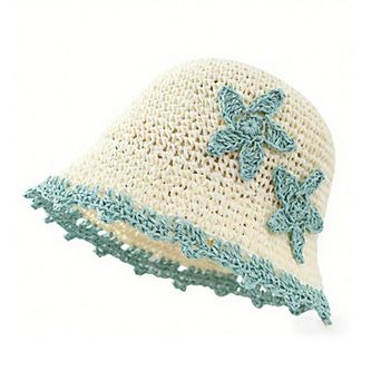 Women Woven Straw Bucket Hat Wide Brim Lightweight Sun Hat with Floral Applique Detail