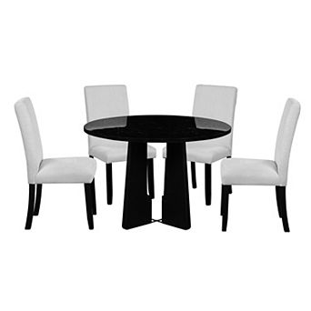 Pnronnc 5 pc Round Dining Table Set, Wooden Kitchen Dining Set with 4 Upholstered Chairs