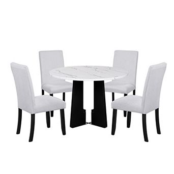 Pnronnc 5 pc Round Dining Table Set, Wooden Kitchen Dining Set with 4 Upholstered Chairs