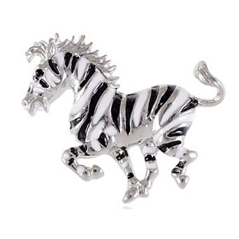 Silvery Tone Black White Striped African Zebra Horse Brooch Pin