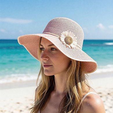 Women Wide Brim Sun Hat with Floral Accent Adjustable Fit Elegant Summer Beach Hat
