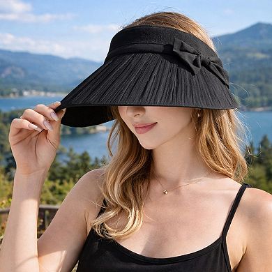 Women Wide Brim Visor Hat Pleated Design Adjustable Back Strap Sun Visor with Bow Detail