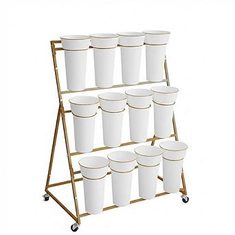 3 tier Metal Flower Stand with 12 Round Buckets and Wheels, Plant Rack, Rolling Flower Cart