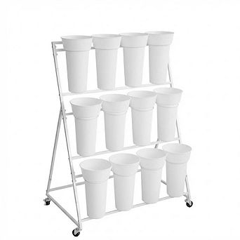3 tier Metal Flower Stand with 12 Round Buckets and Wheels, Plant Rack, Rolling Flower Cart