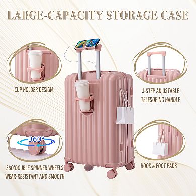 20/24/28" 3-Piece ABS Luggage Set, Spinner Suitcase with Cup Holder, USB & Phone Holder