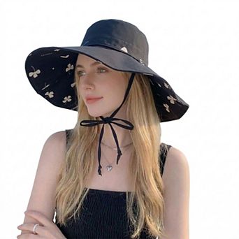 Women's Reversible Bucket Hat Wide Brim Sun Hat Floral Print Adjustable Chin Strap Outdoor Beach Hat