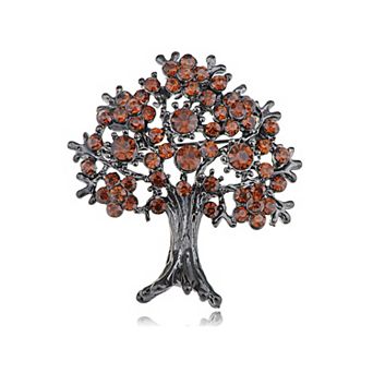 Gunmetal Gun Metal Tone Orange Red Topaz Colored Rhinestones Apple Fruit Floral Tree Brooch Pin