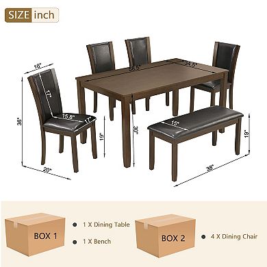 Pnronnc 6-Piece Kitchen Dining Table Set with Bench and 4 Chairs, Wooden Dining Set for 6 People