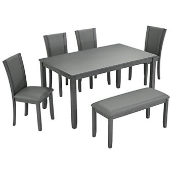 Pnronnc 6 pc Kitchen Dining Table Set with Bench and 4 Chairs, Wooden Dining Set for 6 People