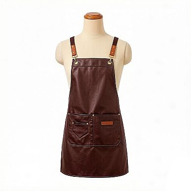 PU Leather Kitchen Apron with Multi Pocket Work Apron for Cooking Barista Grilling