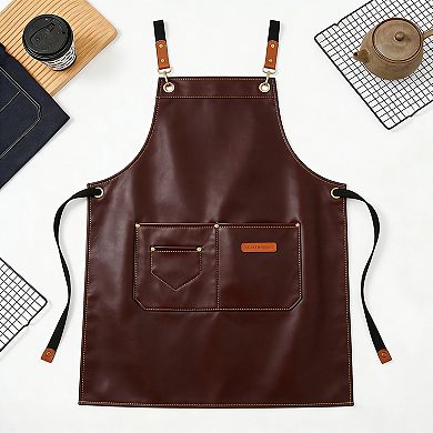 PU Leather Kitchen Apron with Multi Pocket Work Apron for Cooking Barista Grilling