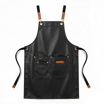 PU Leather Kitchen Apron with Multi Pocket Work Apron for Cooking Barista Grilling