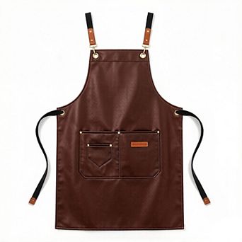 PU Leather Kitchen Apron with Multi Pocket Work Apron for Cooking Barista Grilling
