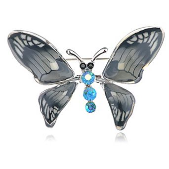 Grey Enamel Gloss Hand Painted Blue Opal Crystal Rhinestone Butterfly Brooch Pin