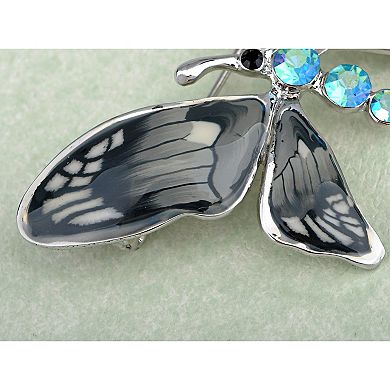 Grey Enamel Gloss Hand Painted Blue Opal Crystal Rhinestone Butterfly Brooch Pin