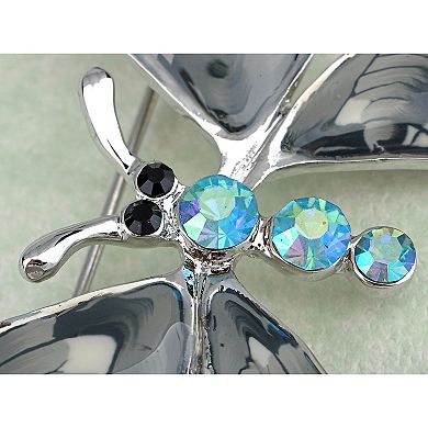 Grey Enamel Gloss Hand Painted Blue Opal Crystal Rhinestone Butterfly Brooch Pin