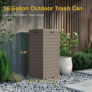 EFU 36 Gallon Weatherproof Resin Trash Can with Lockable Dual Lid, Removable Tray for Patio Kitchen