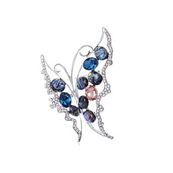 Silvery Tone Metal Butterfly Crystal Abalone Shell Accenting Pin Brooch