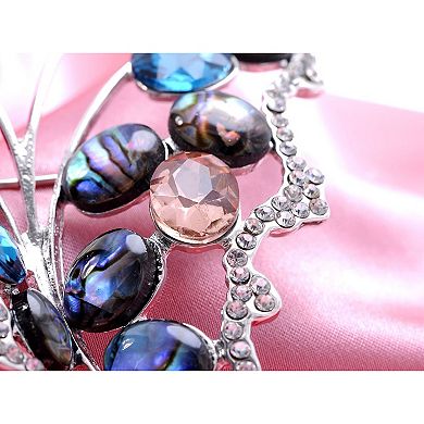 Silvery Tone Metal Butterfly Crystal Abalone Shell Accenting Pin Brooch