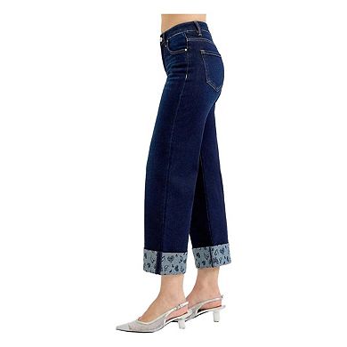 RISEN Full Size Mid Rise Fit Crop Wide With Printed Cuff Jeans Plus Size